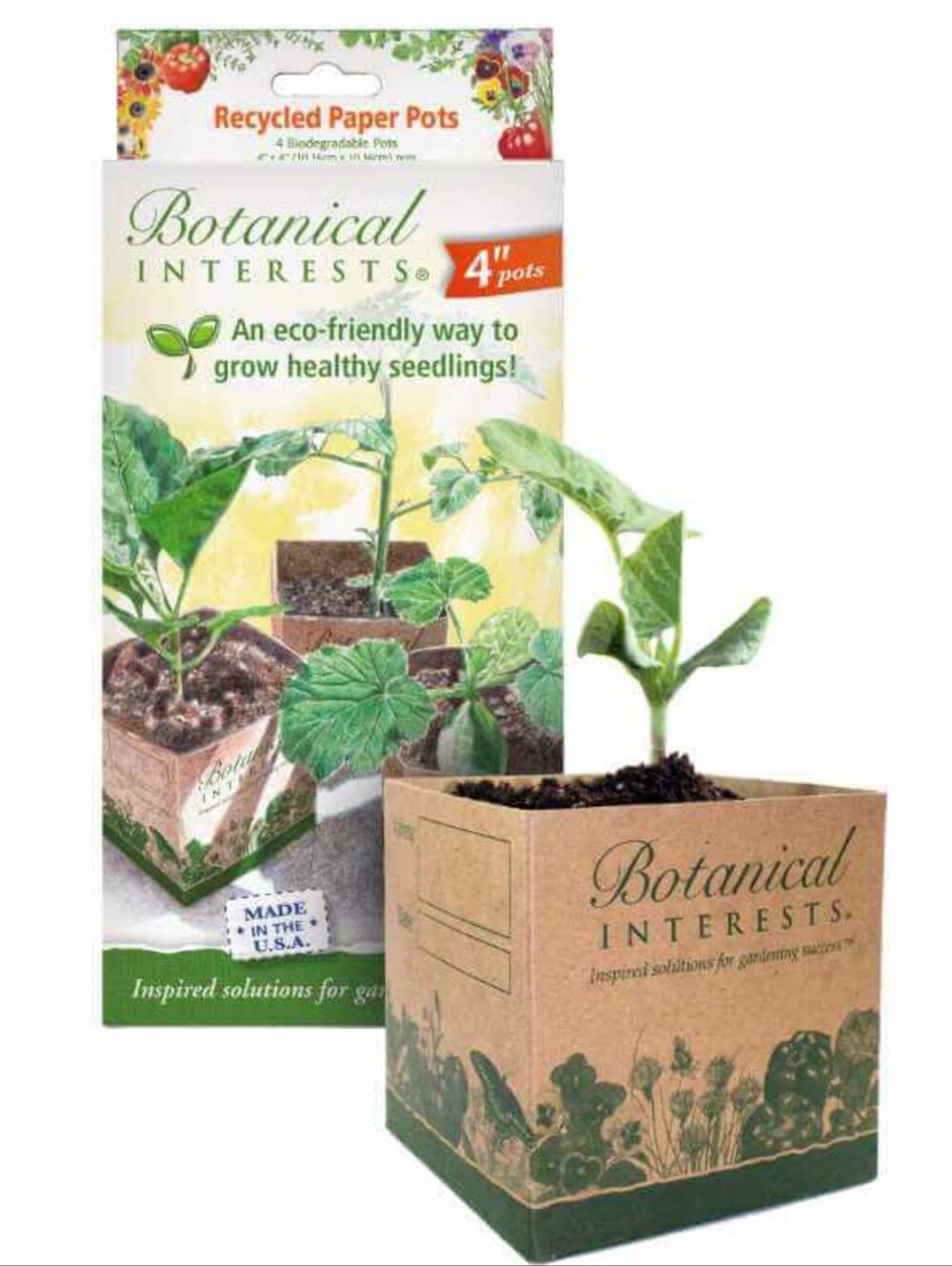 ★Botanical Interests★ 100% ♻️Recycled♻️. 4" Paper Seedling Pots. 4 Per Box. BNIB